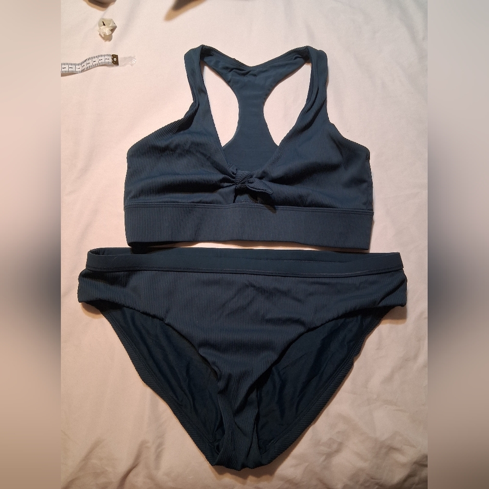 CALIA by Carrie Underwood Ribbed Tie-Front Bikini Set - Teal Green - Size Medium - Picture 3 of 12